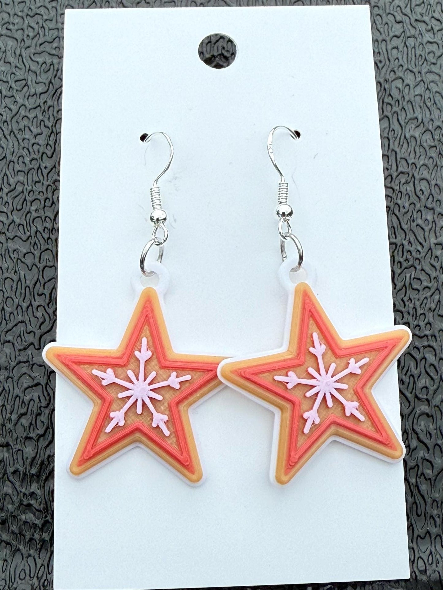 Festive Gingerbread Star Snowflake Ornament Earring Set - Cute Little Dangle Jewelry - 1 Pair - Holiday Party