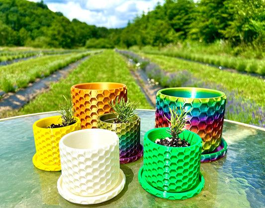 Hexagonal Design Honeycomb Pattern Planter with drip tray - 3D Printed, Farm Tested - Various Colors - Three Sizes