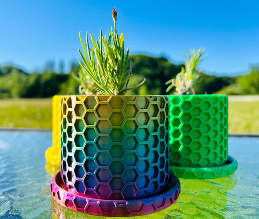 Hexagonal Design Honeycomb Pattern Planter with drip tray - 3D Printed, Farm Tested - Various Colors - Three Sizes
