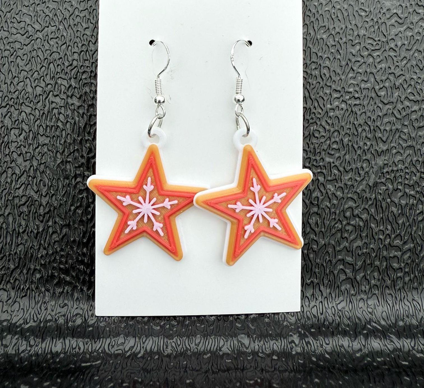 Festive Gingerbread Star Snowflake Ornament Earring Set - Cute Little Dangle Jewelry - 1 Pair - Holiday Party