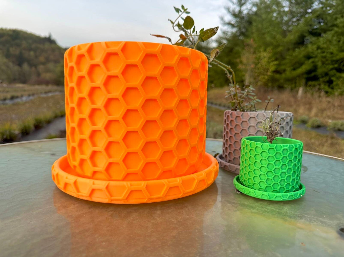 Hexagonal Design Honeycomb Pattern Planter with drip tray - 3D Printed, Farm Tested - Various Colors - Three Sizes