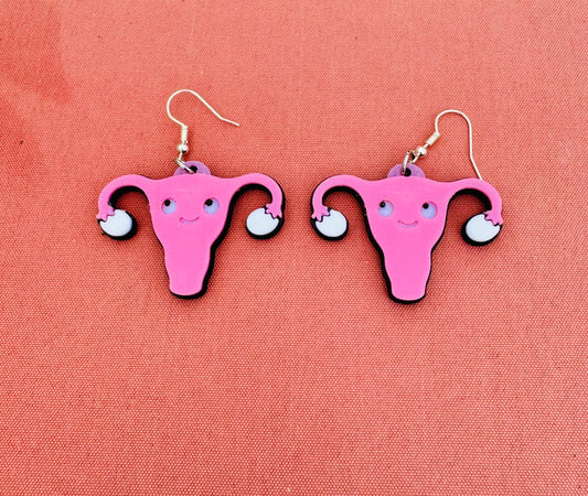 Cartoon Cute Uterus Dangle Earrings - Cuterus Novelty Set - Obgyn Doctor Gift-  One Pair- 3D Printed in Color
