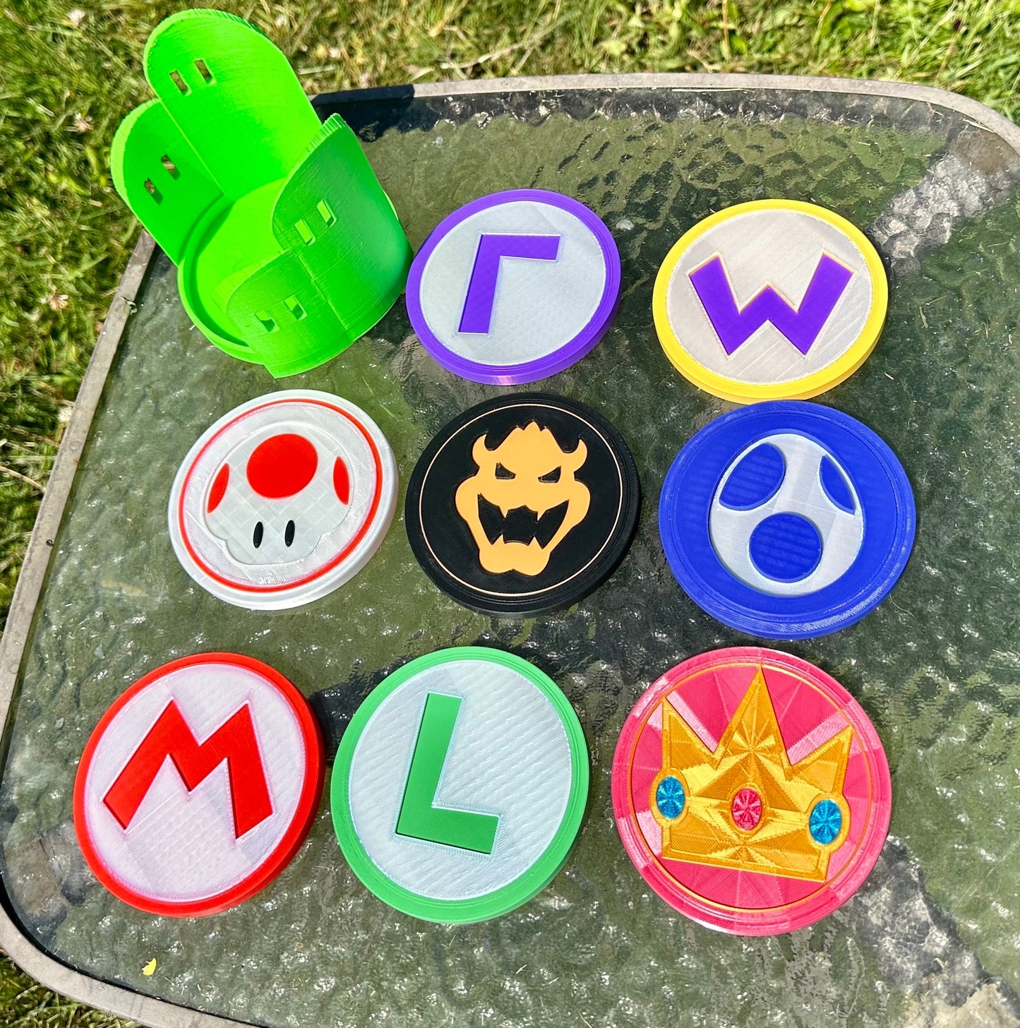 OVERSIZED Novelty Nintendo Super Mario Bros Inspired Coasters and Green Hills Storage Bin 3d Printed - 5 inch diameter -New Characters!