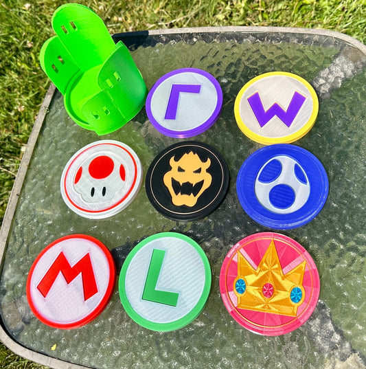 OVERSIZED Novelty Nintendo Super Mario Bros Inspired Coasters and Green Hills Storage Bin 3d Printed - 5 inch diameter -New Characters!