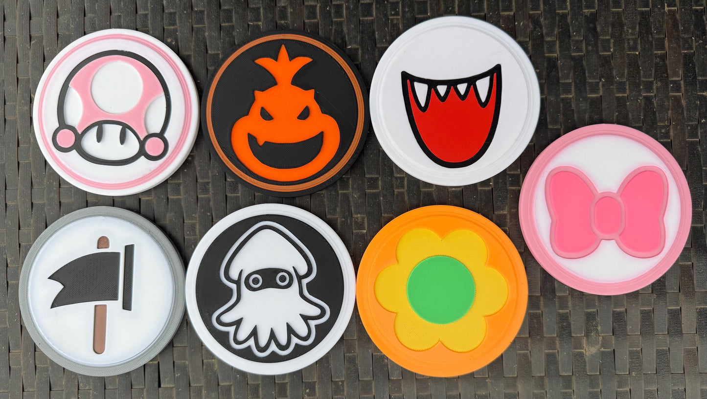 OVERSIZED Novelty Nintendo Super Mario Bros Inspired Coasters and Green Hills Storage Bin 3d Printed - 5 inch diameter -New Characters!