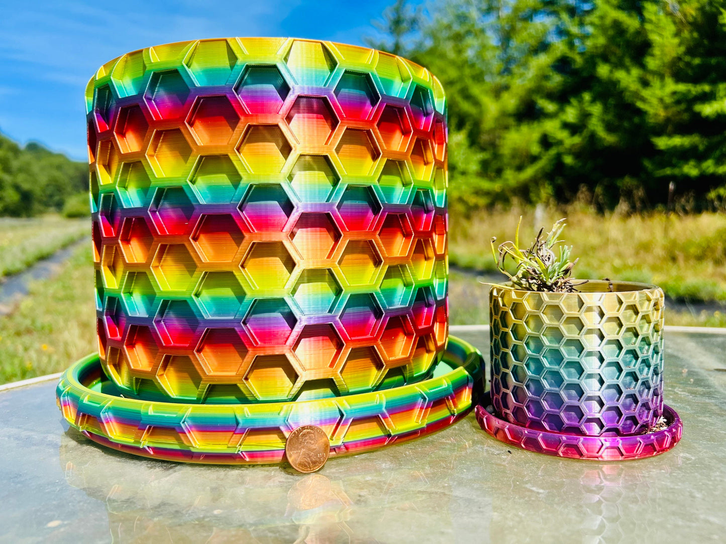 Hexagonal Design Honeycomb Pattern Planter with drip tray - 3D Printed, Farm Tested - Various Colors - Three Sizes