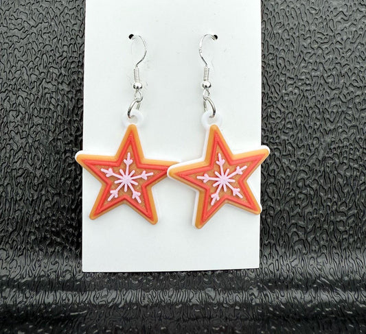 Festive Gingerbread Star Snowflake Ornament Earring Set - Cute Little Dangle Jewelry - 1 Pair - Holiday Party