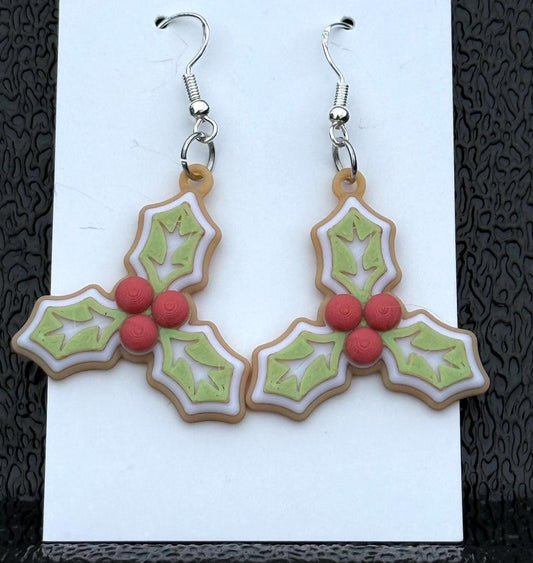 Festive Holly Ornament Earring Set - Cute Little Dangle Jewelry - 1 Pair - Holiday Party Idea
